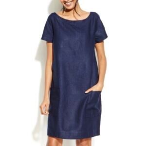 Eileen Fisher Navy Blue Linen Pocket Dress S Sheath Knee Length